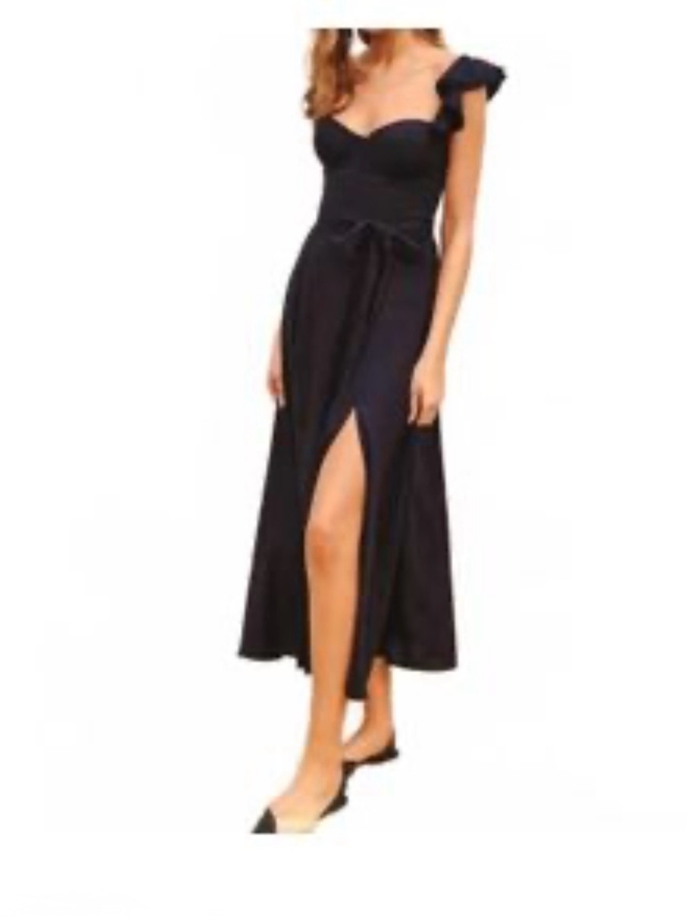 Vici Black Midi Dress with Front Slit and Tie Waist